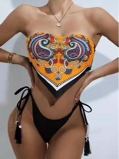 Printed Tube Top Lace-Up Bikini Set