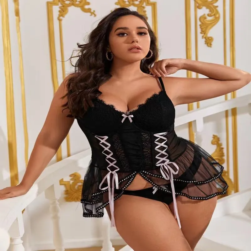 Plus Size Lace Mesh See-Through Sling Lingerie Set