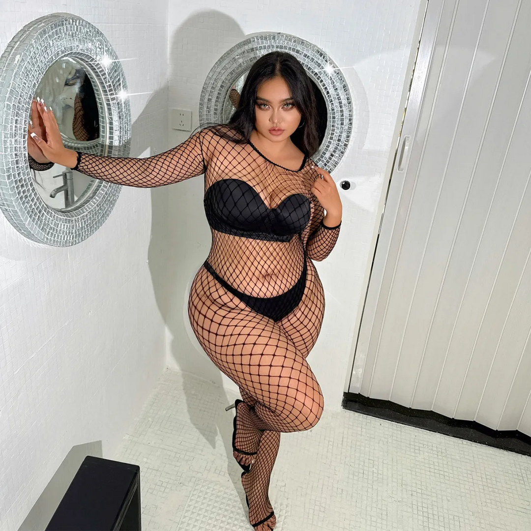 Plus Size Fishnet Crotchless Lingerie Jumpsuit