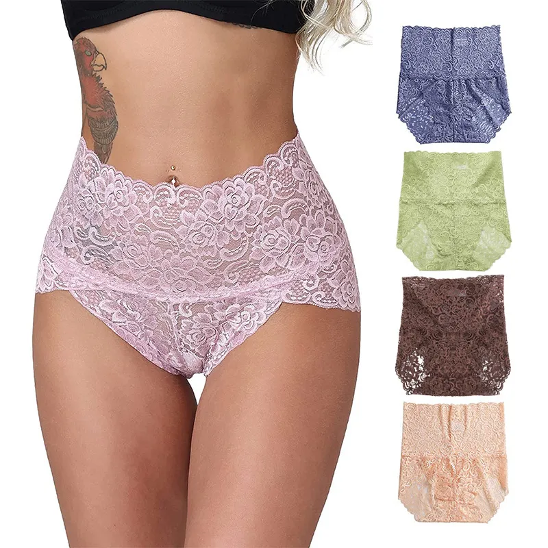Women'S Large Size Lace High Waist Sexy Belly Slimming Hip Lifting Pattern Transparent Seamless Briefs