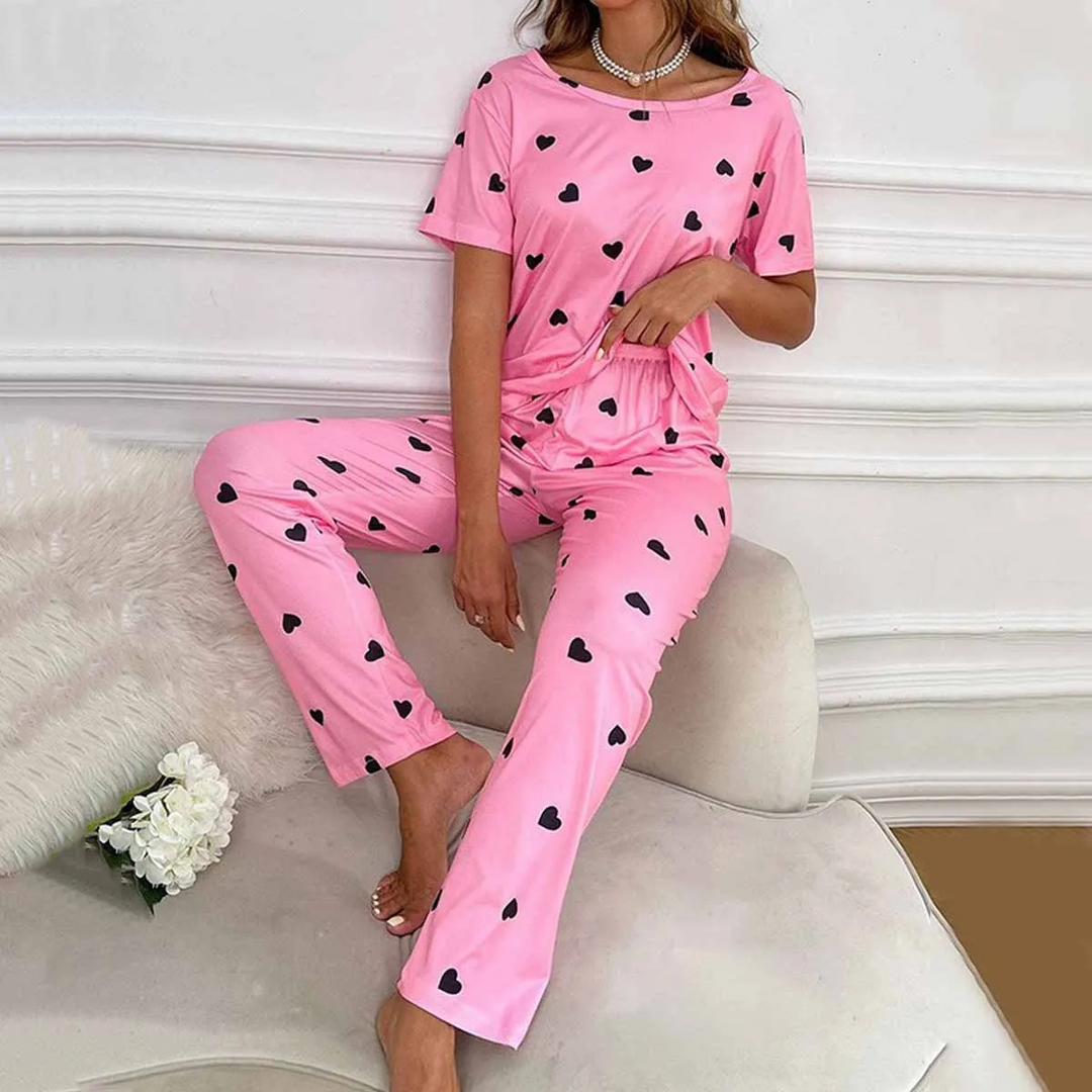 Casual Heart Print Short Sleeve and Pants Pajama Set