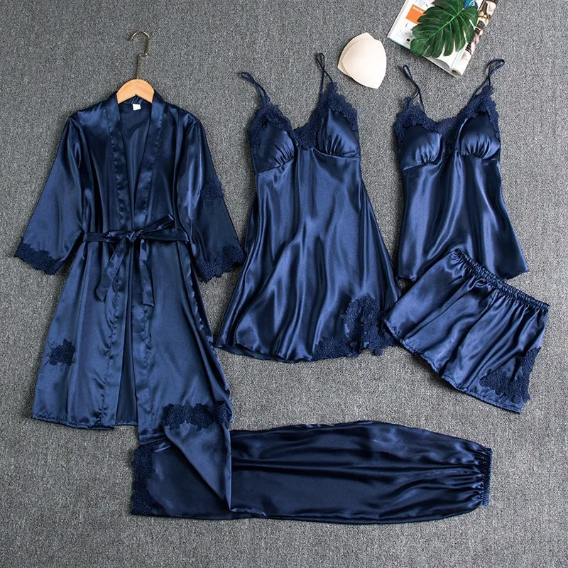 Summer Ice Silk Lace Long Sleeve Nightgown 5-Piece Set
