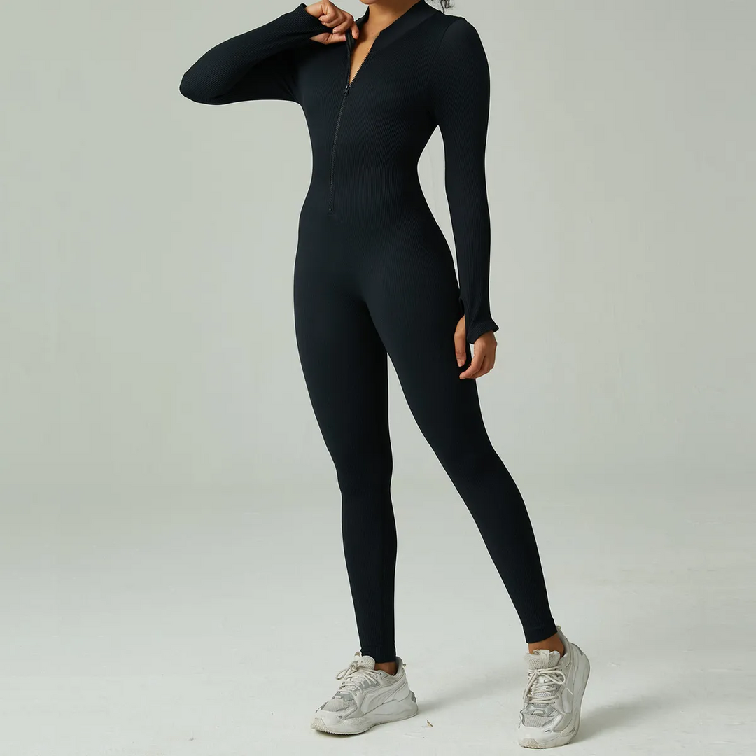 Long Sleeve Tight Fit Zipper Front Yoga Jumpsuit