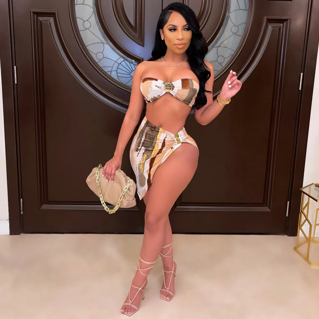 Sexy Printed Fashion Irregular Wireless Tube Top Swimsuit