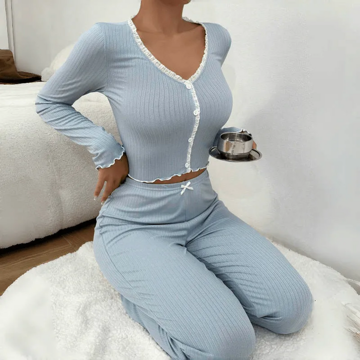 Casual Solid Color Lace Loungewear Set