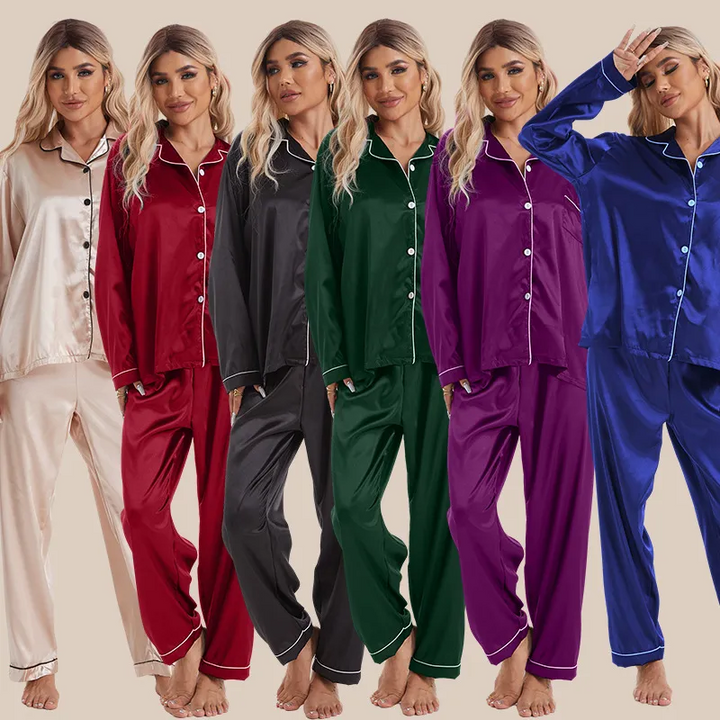 Casual Ice Silk Lapel Long Sleeve Pajama Set