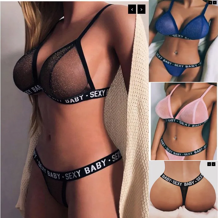 Letter Print Halter Backless Sheer Bikini Set