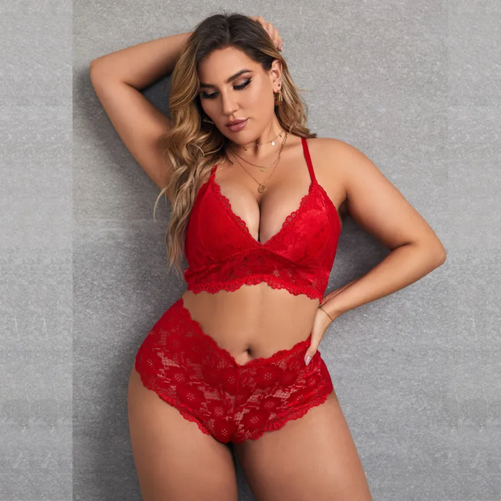 Plus Size Lace Strappy Bra and Panty Set