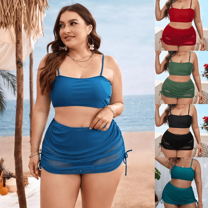 Summer Women Fashion Plus Size Solid Color Sling Mesh Swimsuit Three-Piece Set