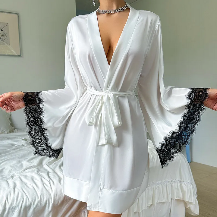 V-Neck Lace Long Sleeve Satin Pajama Set