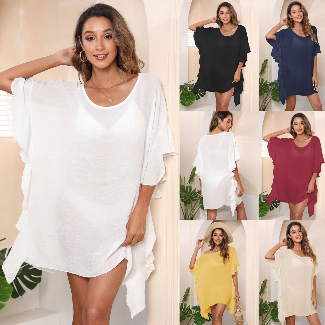 Breezy Ruffle Edge Solid Color Beach Cover-Up