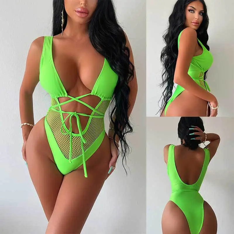 Summer Mesh Lace-Up Backless Hollow One-Piece Swimsuit for Women