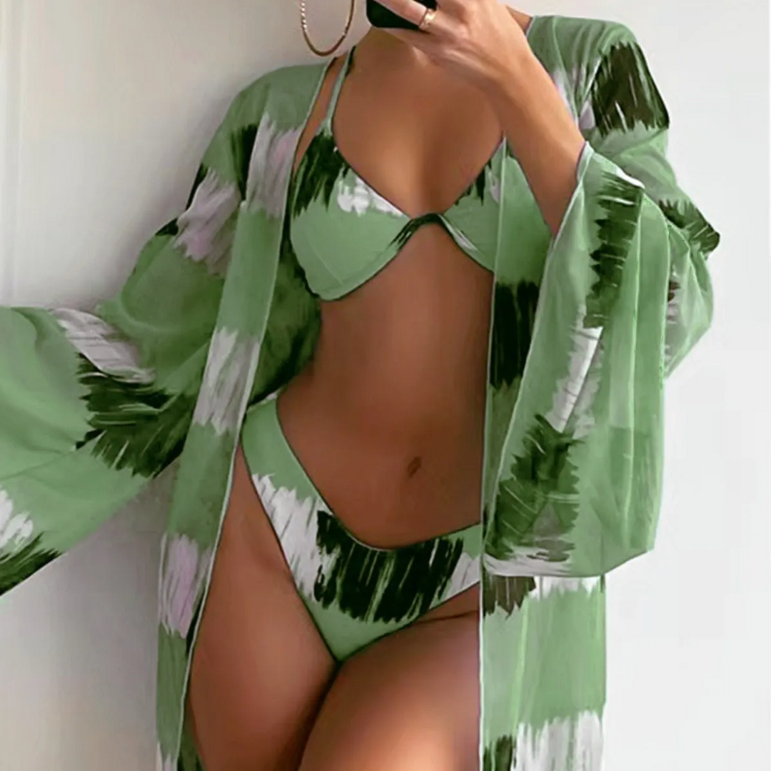 Summer Women Fashion Sexy Printed Bikini Swimwear Sunscreen Cover-Ups Three-Piece Set