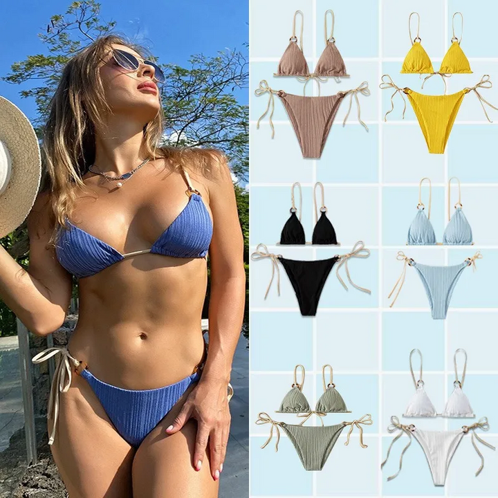 Solid Color Lace-Up Bikini Swimsuit Set