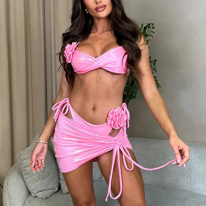 Three-Piece Set Women Vacation Beach Floral Split Bikini Swimsuit