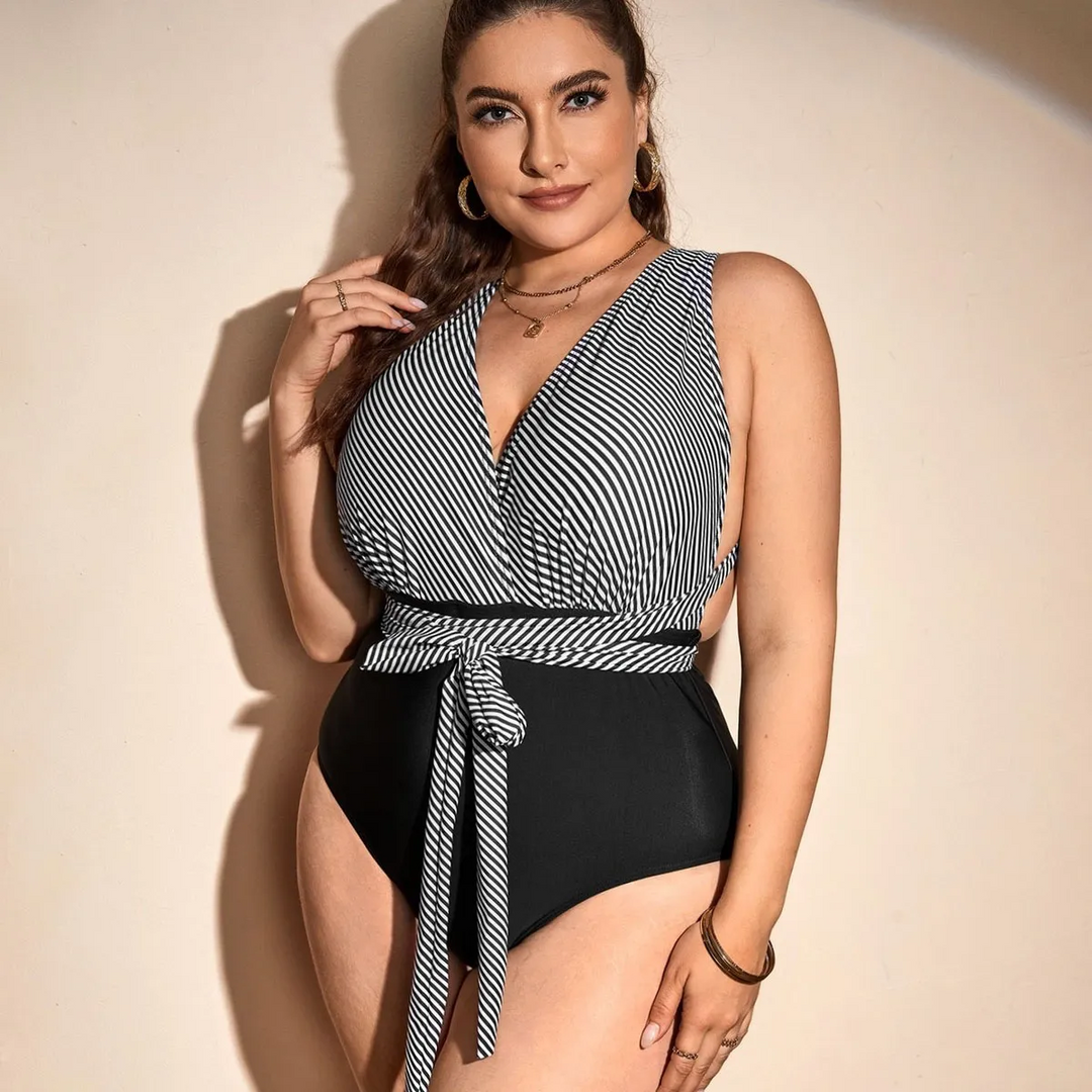Curvy Chic Black Striped Deep V One-Piece Swimsuit