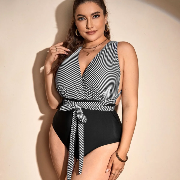 Curvy Chic Black Striped Deep V One-Piece Swimsuit