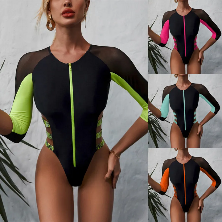 Colorblock Zip-Up Hollow Long Sleeve One-Piece Swimsuit