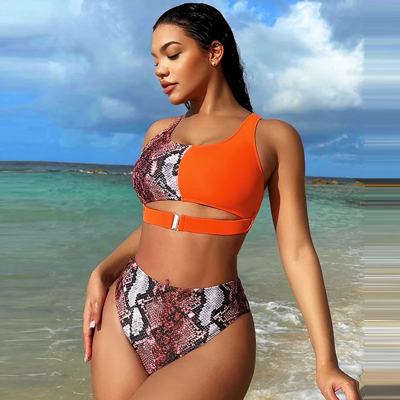 Women Fashion Sexy Snake Pattern Stitching Hollow Out Swimsuit Set