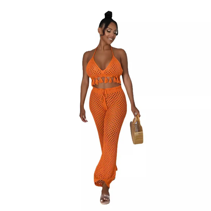 Coastal Weave Tassel Knit Cover-Up Set