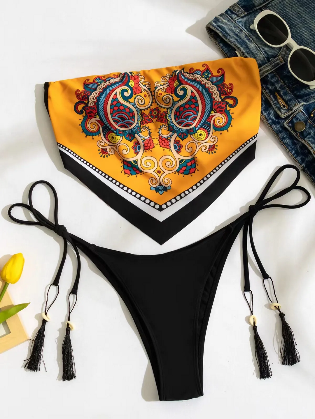 Printed Tube Top Lace-Up Bikini Set