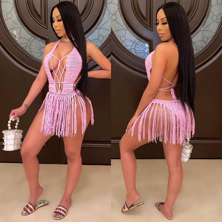 Sunset Drape Deep V Tassel Lace-Up Swimsuit