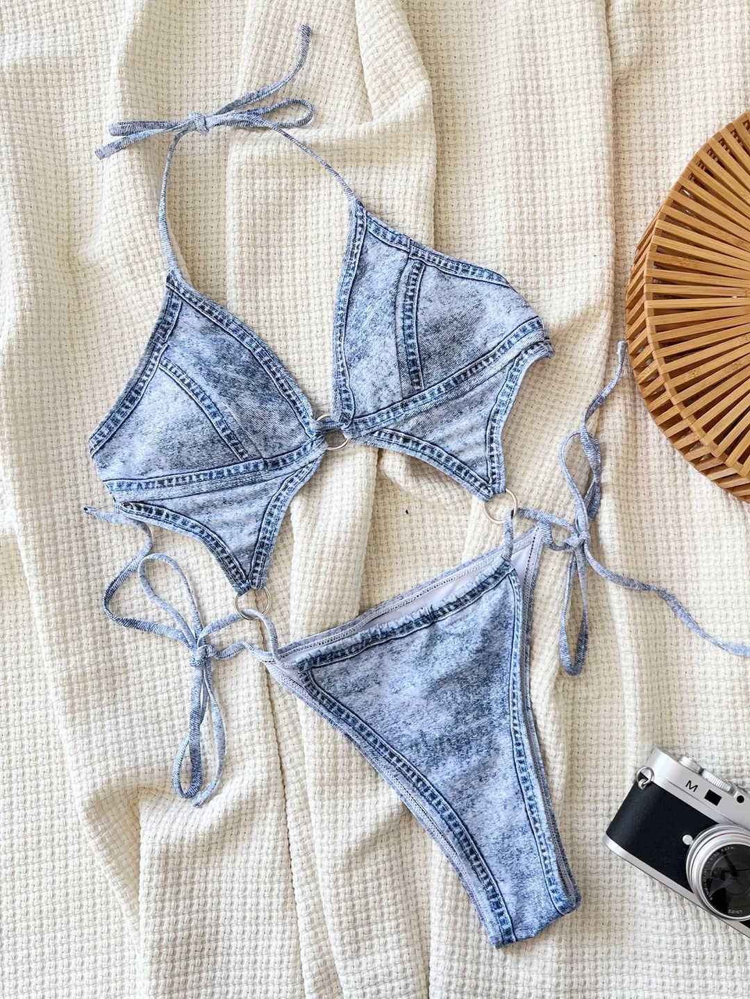Denim Print Lace-Up One-Piece Swimsuit