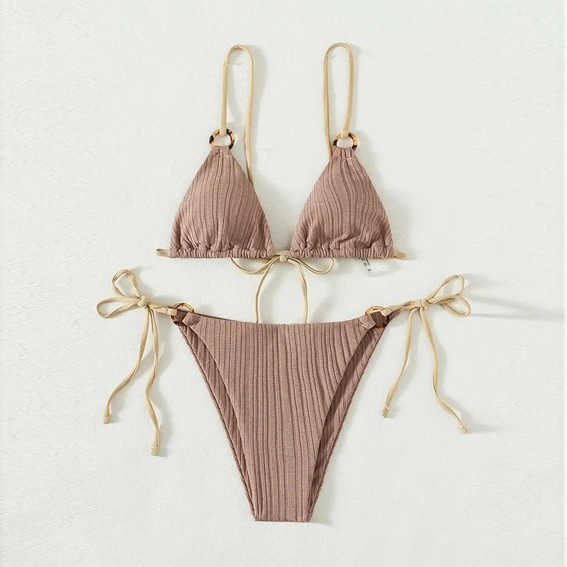 Solid Color Lace-Up Bikini Swimsuit Set