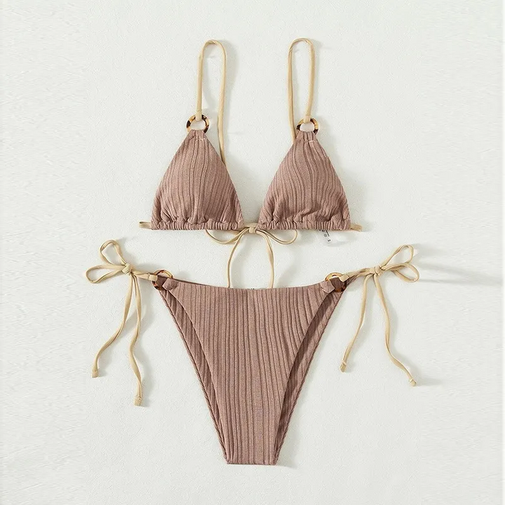 Solid Color Lace-Up Bikini Swimsuit Set