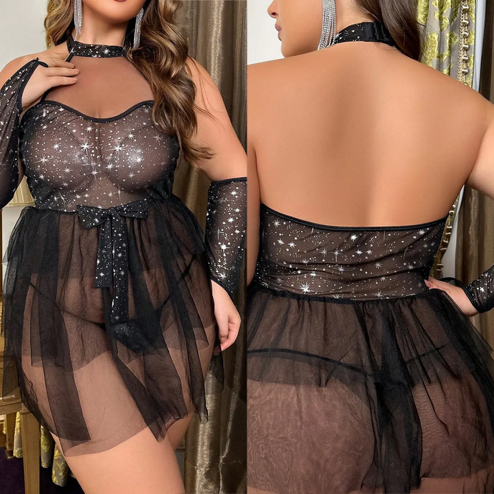 Plus Size Sparkle Mesh See-Through Halter Lingerie Set