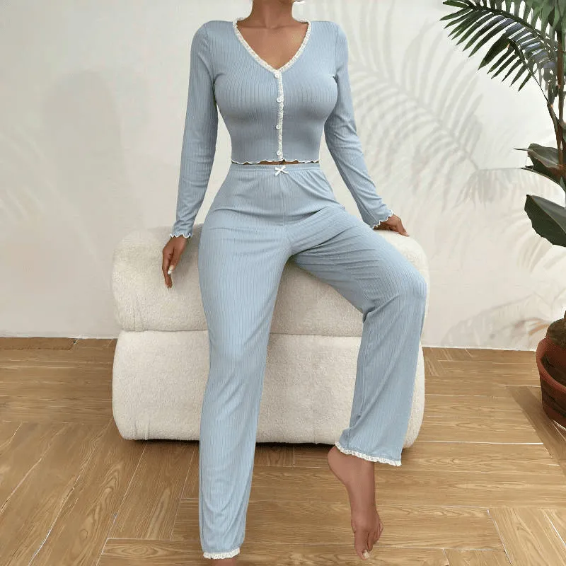 Casual Solid Color Lace Loungewear Set