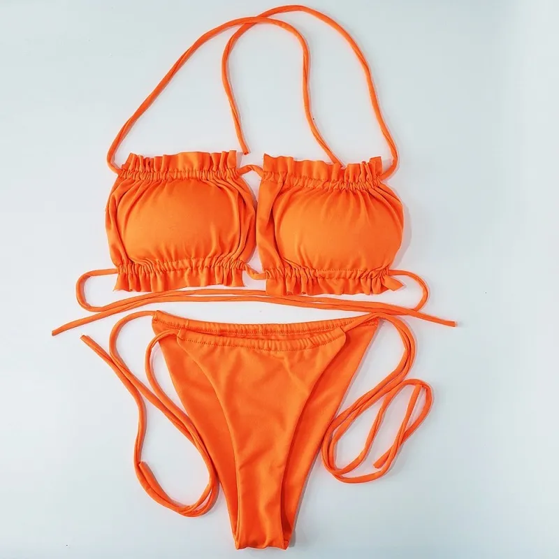 Solid Color Ruched Cut-Out Halter Lace-Up Bikini Set