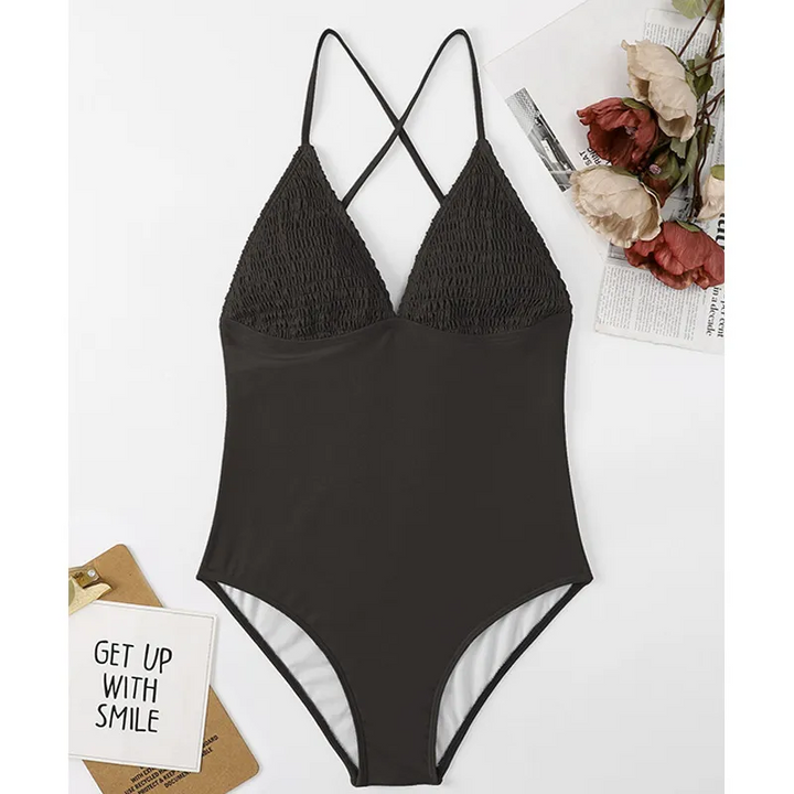 V-Neck Solid Color One-Piece Swimsuit