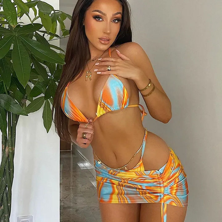 Summer Women Fashion Sexy Multicolor Corrugated Print Halter Neck Bikini Swimsuit Drawstring Skirt Three-Piece Set