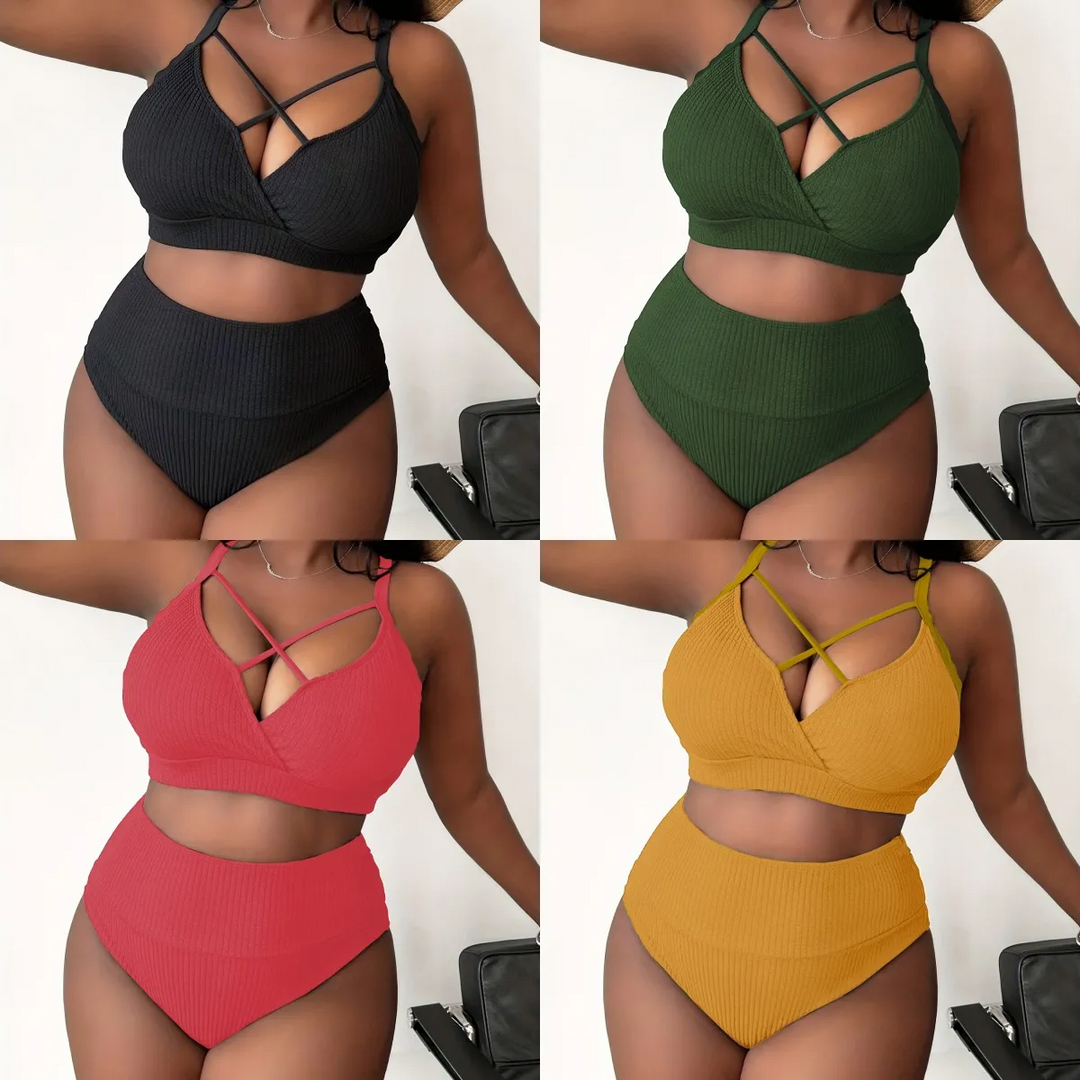 Summer Women Fashion Sexy Plus Size Solid Color Cross Hollow Sling High Waist Swimsuit Set