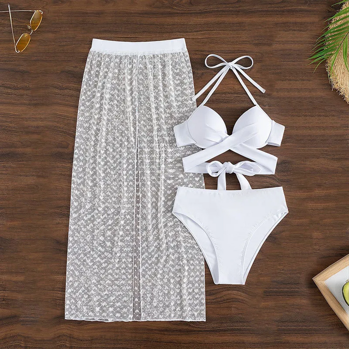 Women Sexy Solid Color Mesh Halter Neck Bikini Swimsuit Three-Piece Set