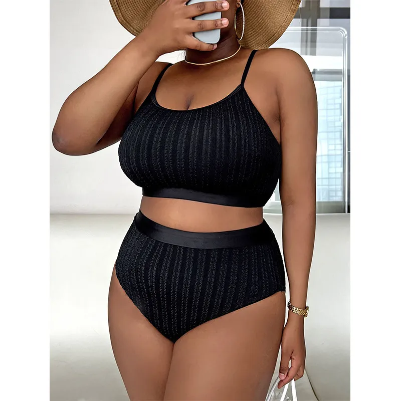 Summer Women Fashionable Plus Size Solid Color Sling High Waist Swimsuit Set