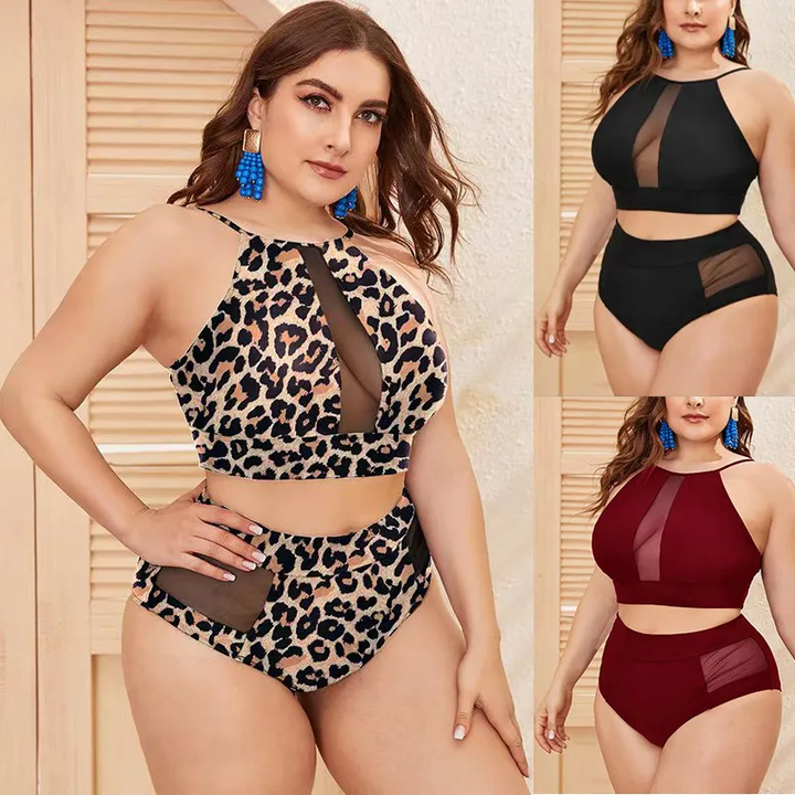 Women Plus Size Leopard Print Mesh Patchwork Halter Neck Two-Piece Swimwear