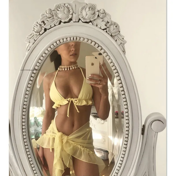 Women Halterneck Lace Pleated Mesh Skirt Bikini Set