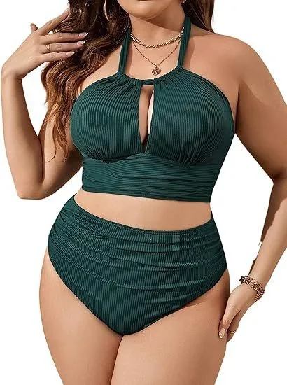 Women Fashion Sexy Plus Size Halter Neck Hollow High Waist Swimsuit Set
