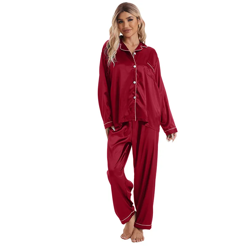 Casual Ice Silk Lapel Long Sleeve Pajama Set