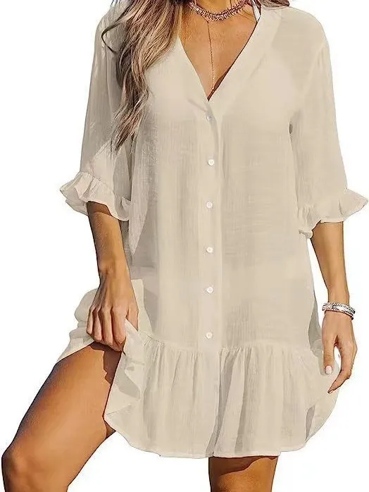 SunEase V-Neck Breezy Solid Beach Cover-Up