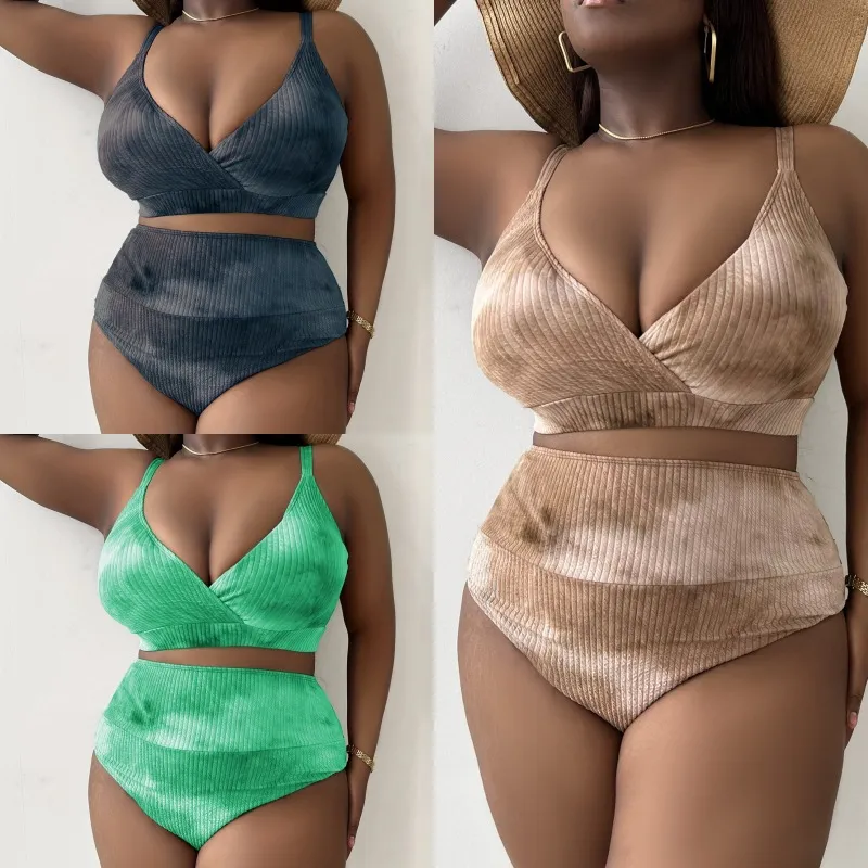Summer Women Fashionable Plus Size Deep V Strap Tie-Dye Printed High Waist Swimsuit Set