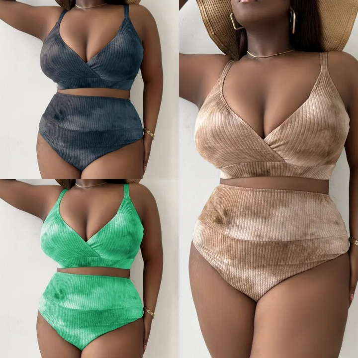 Summer Women Fashionable Plus Size Deep V Strap Tie-Dye Printed High Waist Swimsuit Set