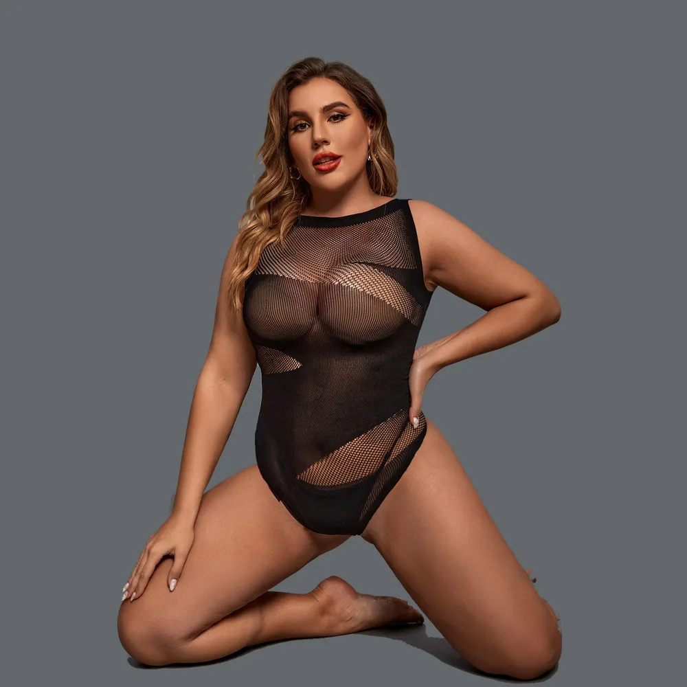 Plus Size Sheer Hollow-Out Bodysuit
