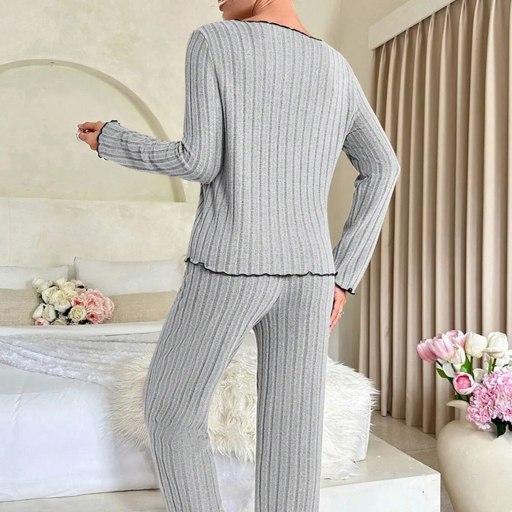 Casual Solid Color Ruffle Trim Loungewear Set