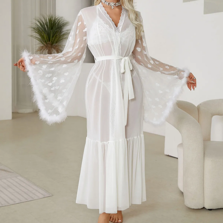 Heart Mesh Feather Trim Long Sleeve Pajama Set