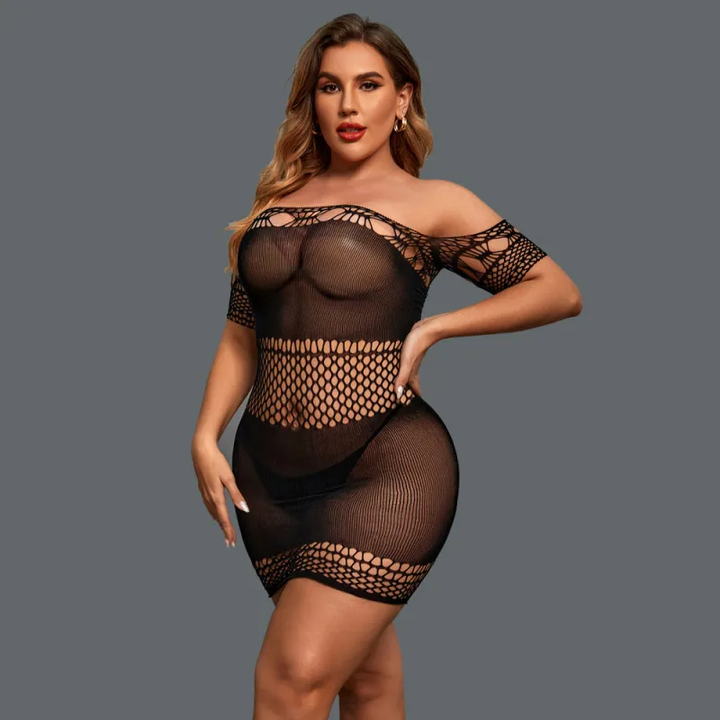 Plus Size Off-Shoulder Sheer Hollow-Out Lingerie