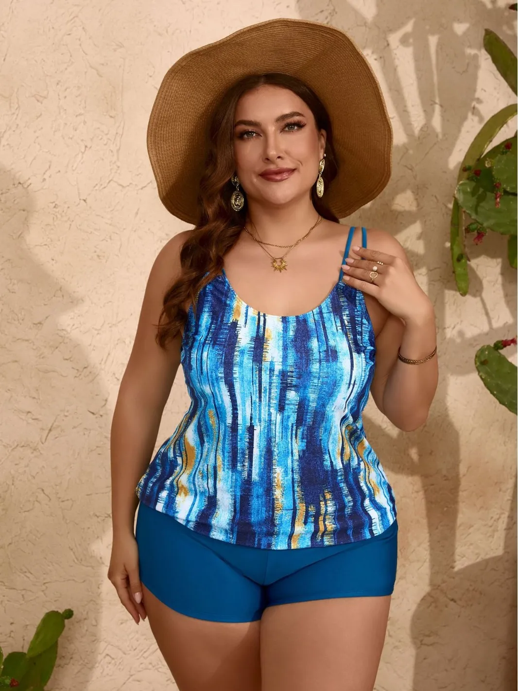 Summer Women Fashionable Sexy Plus Size Sling Tie-Dye Printed Conservative Swimsuit Set