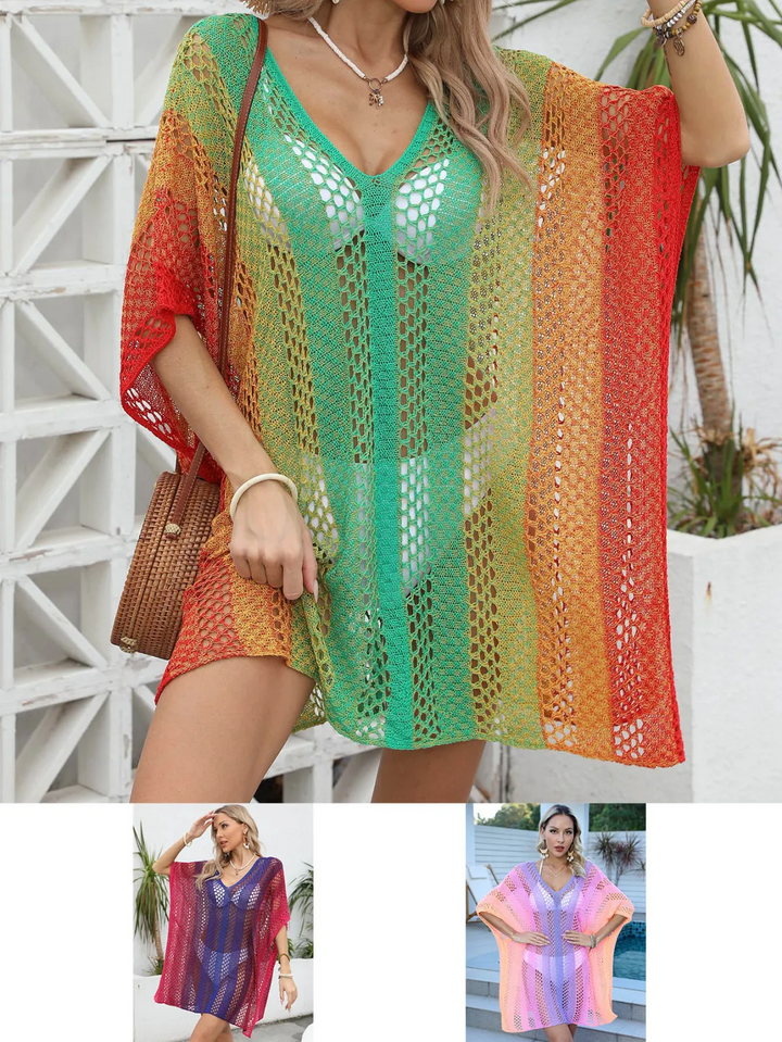 Coastal Glow Gradient Knit V-Neck Bikini Cover-Up